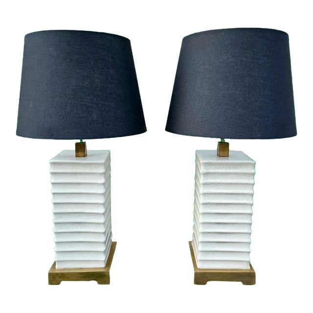Late 20th Century Modern Fluted Crackle Glaze and Solid Brass Table Lamps - a Pair For Sale