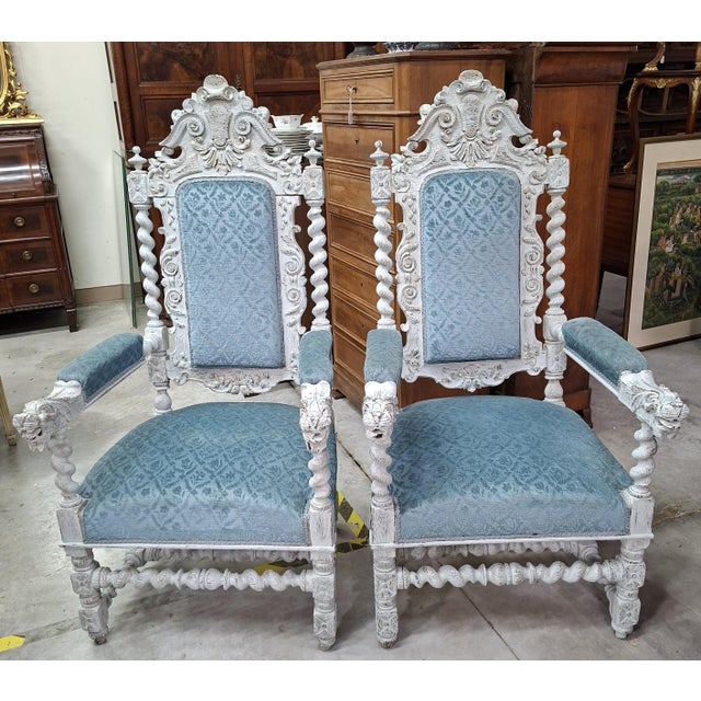 Renaissance Ceremonial Armchairs in Carved Wood Twisted Columns and Lion Heads, Set of 2 For Sale - Image 3 of 11