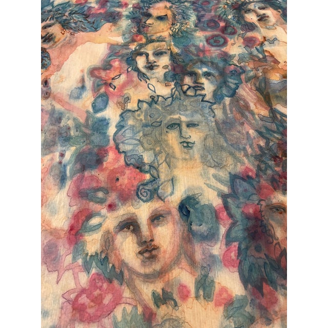 Robin's Egg Blue Ethereal Watercolor Style, Crowd of Faces Decorative Textile Artwork Signed Saint Amant For Sale - Image 8 of 16