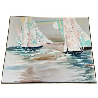 Vintage Oversized Contemporary Coastal Sailboat Painting in Brass Frame, Signed For Sale