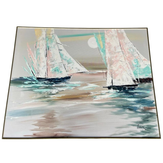 Vintage Oversized Contemporary Coastal Sailboat Painting in Brass Frame, Signed For Sale