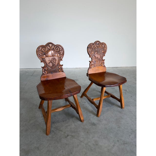 Vintage Brutalist Tyrolean Swiss Alpine Carved Pine Dining Chairs, Set of 4 For Sale - Image 4 of 12