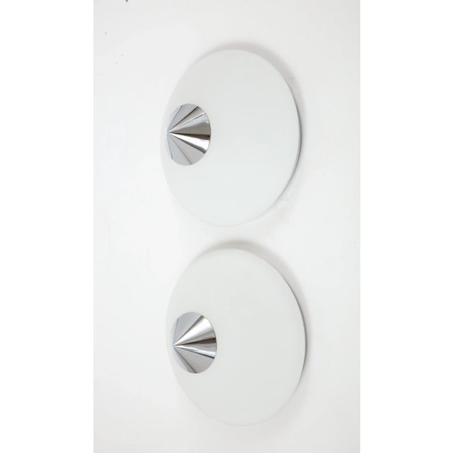 Glashütte Limburg 1970s Opaline Glass and Chrome Flush Mounts Sconces by Limburg - a Pair For Sale - Image 4 of 9