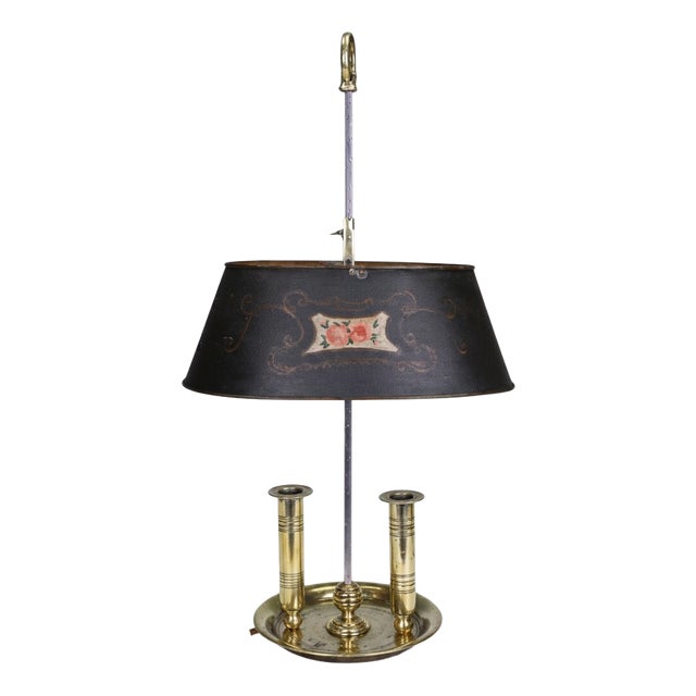 Antique French Brass Two-Light Bouillotte Lamp with Tôle Shade, 1850 For Sale