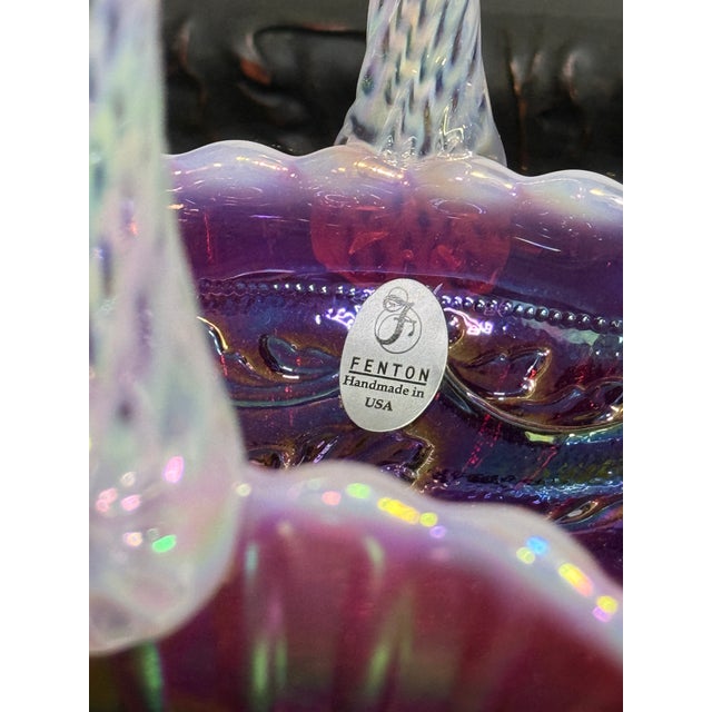 Glass 1990s Handmade Fenton Plum Opalescent Art Glass Basket With Iridescent Finish For Sale - Image 7 of 13