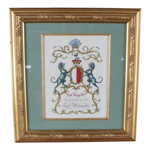 Set of three Armorial Colored Engravings. Each showcases a different family crest / coat of Arms. Features Harley Earl of...