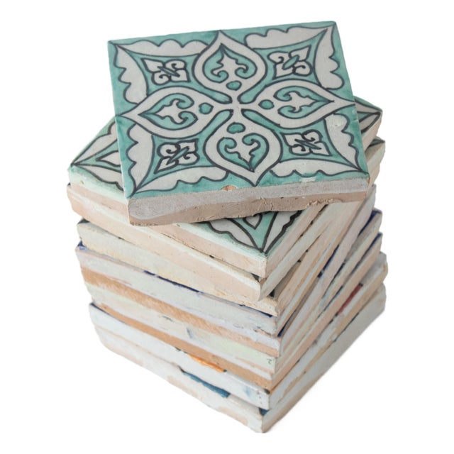 Authentic Zellige Tiles - Teal - Set of 10 Tiles For Sale