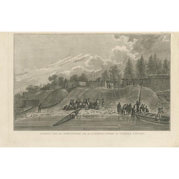 Antique print titled "View of the Homes of the Natives in Nootka Channel." This print depicts the houses of the...