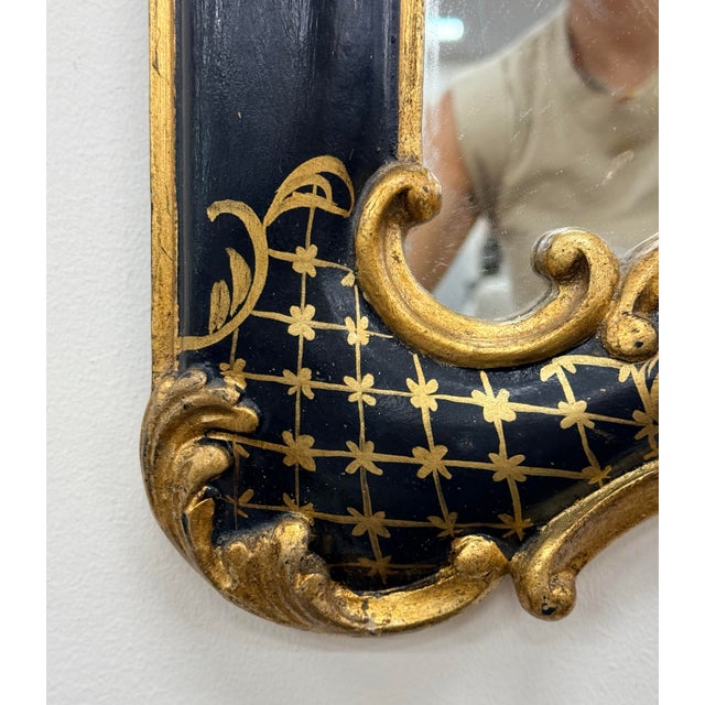 Chinoiserie Large Hand Painted Chinoiserie Black Lacquer & Gold Gilt Mirror With Carved Rococo Crest For Sale - Image 3 of 8