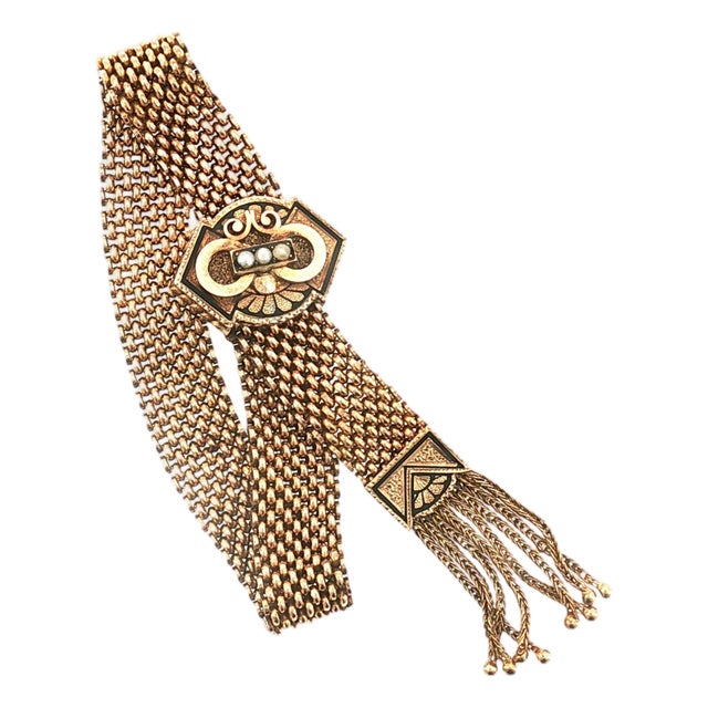 19th Century Victorian 10k Yellow Gold Slide Tassel Bracelet With Black Enamel For Sale