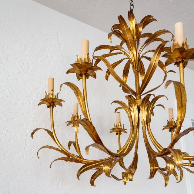 Gold Large Italian Gilt Tole Eight Arm Chandelier With Leaves and Lotuses For Sale - Image 8 of 15