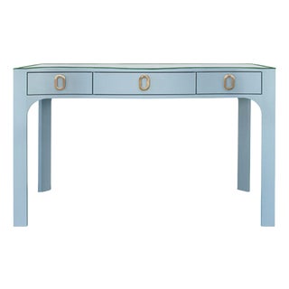 Matthew Izzo Home Gladys Light Blue Textured Linen Three Drawer Desk With Brass Hardware and Glass Top For Sale
