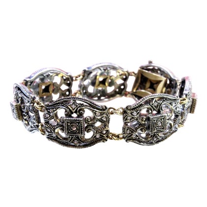 Gold and Silver Bracelet with Central Crowned Diamonds For Sale