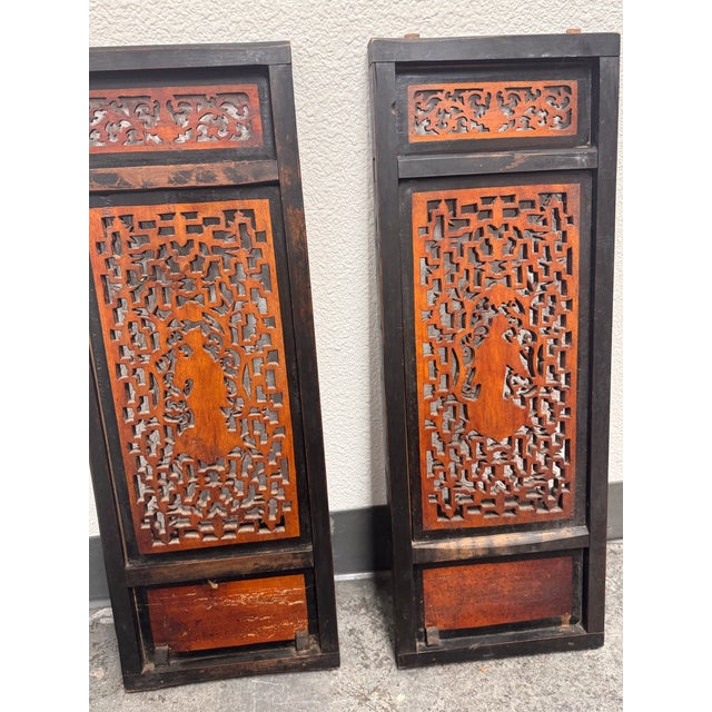 Wood Antique Chinese Carved Wood Window Panels, Pair For Sale - Image 7 of 12
