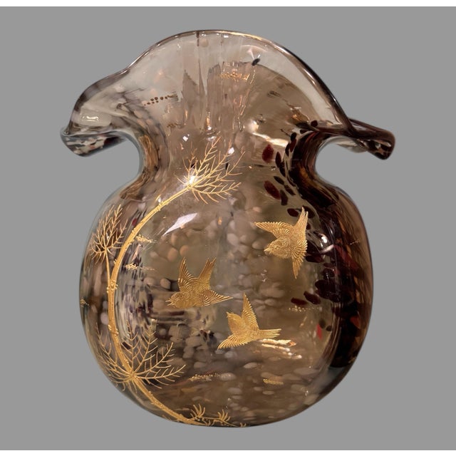 Brown Antique Victorian End of Day 8" Art Glass Vase With Gilt Decorated Birds & Branches For Sale - Image 8 of 8