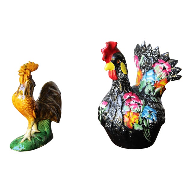 Portuguese Vintage Rooster and a Chicken Figurines - a Pair For Sale