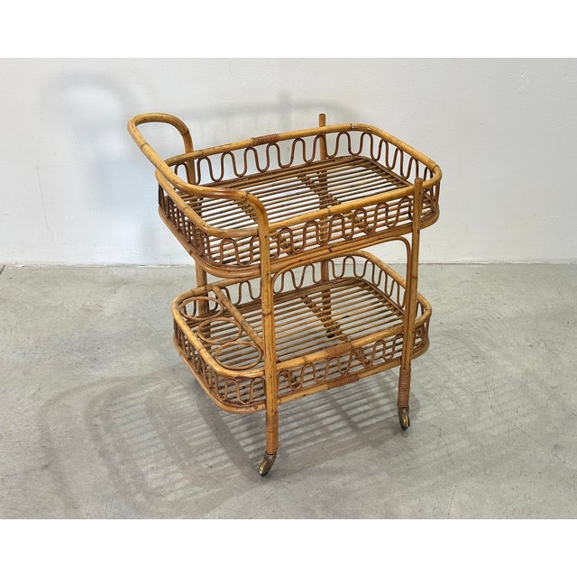 Tan Rattan and Bamboo Bar Cart, 1970s For Sale - Image 8 of 10