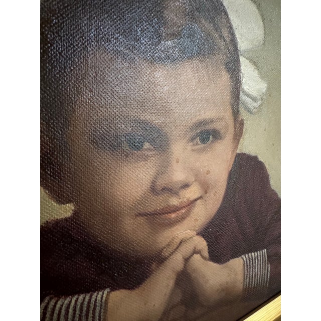 Burgundy Mid-Century Portrait of a Young Girl in Ornate Gilt Frame Mid Size For Sale - Image 8 of 8
