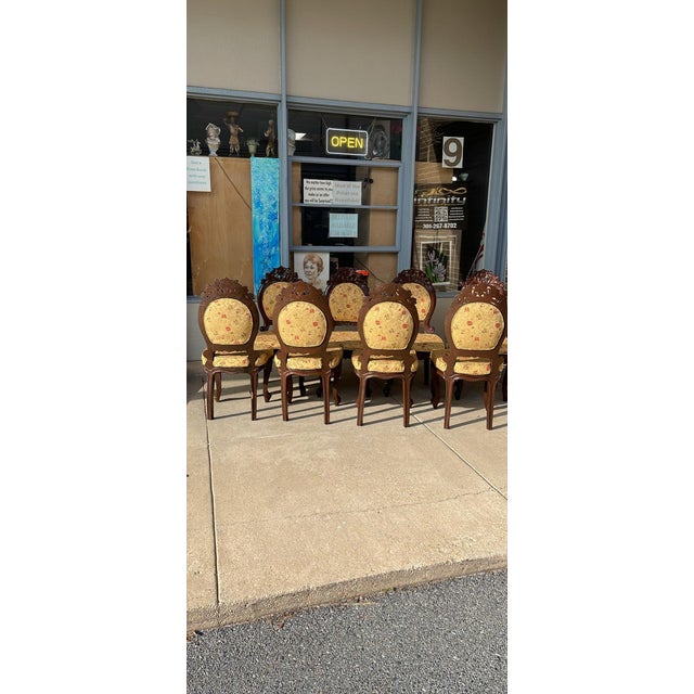 Mid-Late 20th Century Vintage Rococo Revival Carved Accent Chairs in Yellow-Gold Floral Damask - 8 Pieces For Sale - Image 4 of 12
