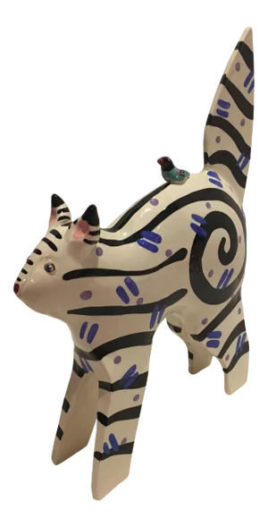 Contemporary 1990’s Colorful Pottery Cat With Bird