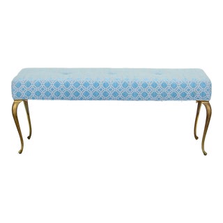 Vintage Blue Chenille Bench With Brass Legs For Sale