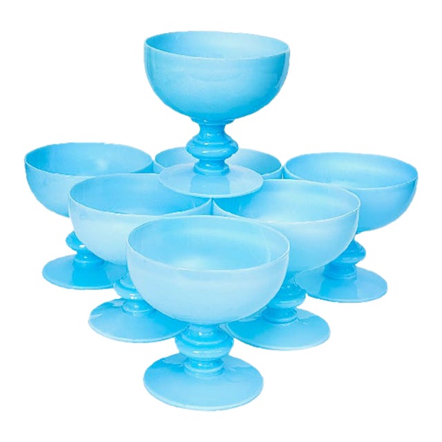 1930s French Portieux Vallerysthal Blue Opaline Champagne Coupes- Set of 7, Euc For Sale