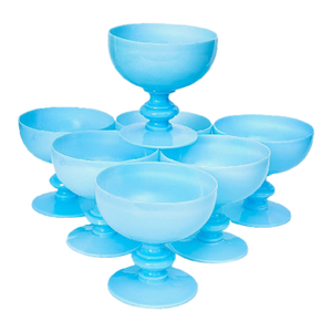 1930s French Portieux Vallerysthal Blue Opaline Champagne Coupes- Set of 7, Euc