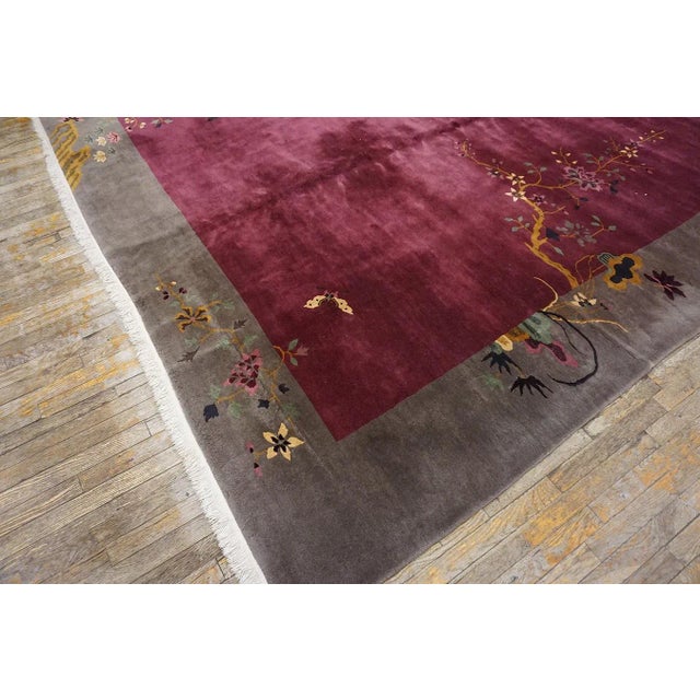 1920s Purple Floral Minimalist Antique Chinese Art Deco Rug 9' X 11' 4" Knotted Wool Carpet For Sale - Image 9 of 10