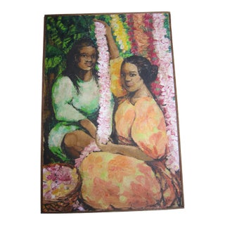 Mid Century Painting Polynesian Women, Signed Ron Tredwell For Sale