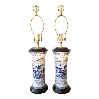 Late 20th Century Asian Brush Pot Blue and White Lamps - a Pair For Sale