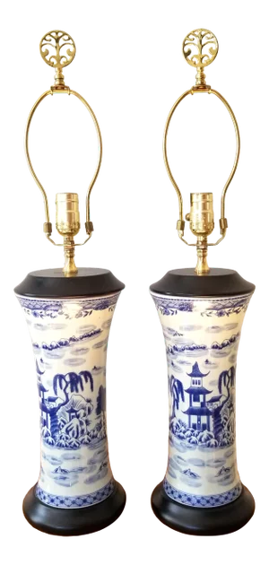 Late 20th Century Asian Brush Pot Blue and White Lamps - a Pair