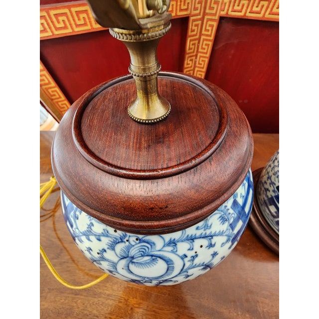 Blue Vintage Chinoiserie Blue & White Double Happiness Ginger Jar Table Lamps - Almost a Pair For Sale - Image 8 of 9