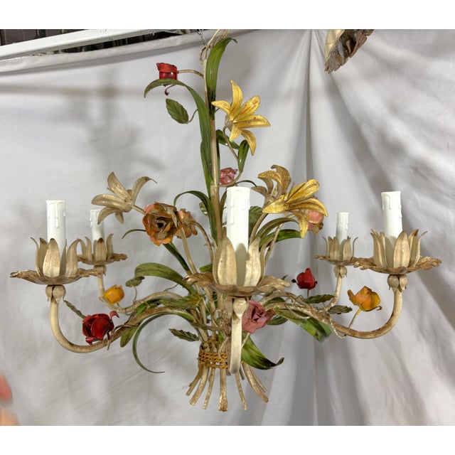 Metal Vintage Tole 6-Light Chandelier With Flower Motif and Honest Patina For Sale - Image 7 of 18