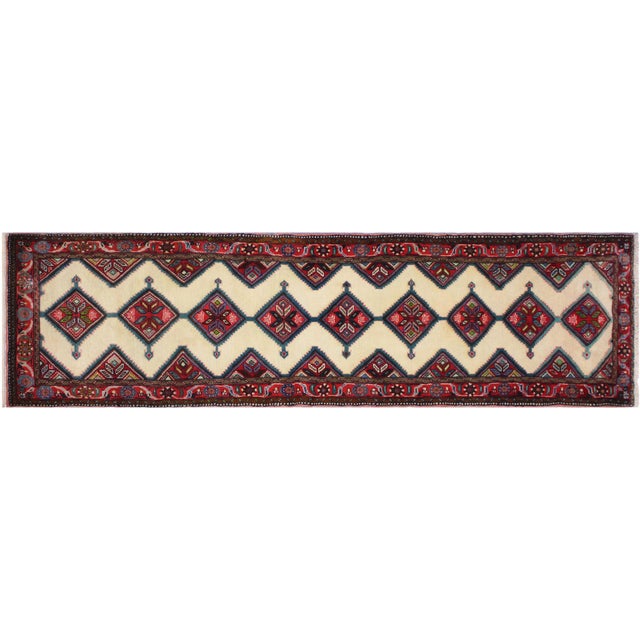 Geometric Persian Tribal Ivory/Red Wool Runner Rug- 2'6'' X 9'9'' For Sale - Image 9 of 10
