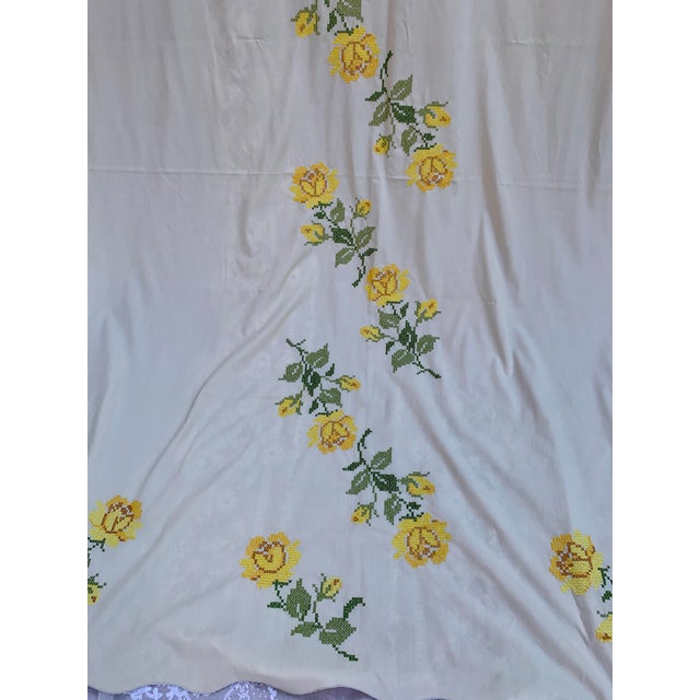 Vintage 1970’s Handmade Cross Stitch Floral Embroidered Tablecloth For Sale - Image 10 of 12