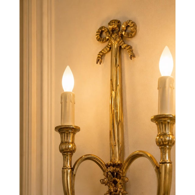 Late20C French Maker Louis XVI Gilt Bronze Sconces Wall Lamps-Pair For Sale - Image 4 of 18