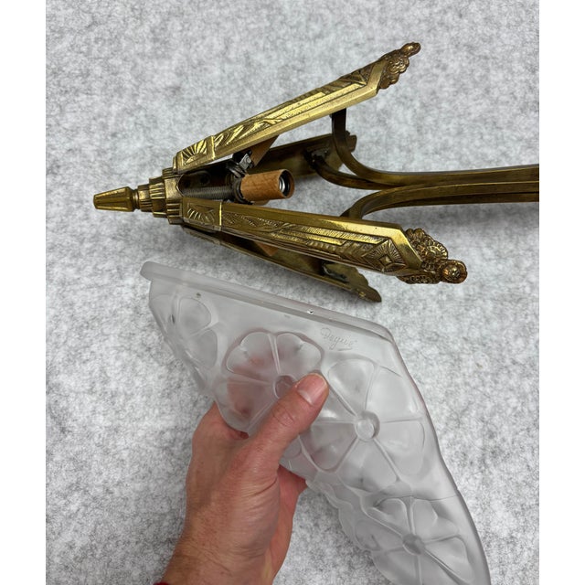 French Art Deco Degue Bronze Ceiling Light With Four Signed Glass Panels, Circa 1920s For Sale - Image 12 of 18