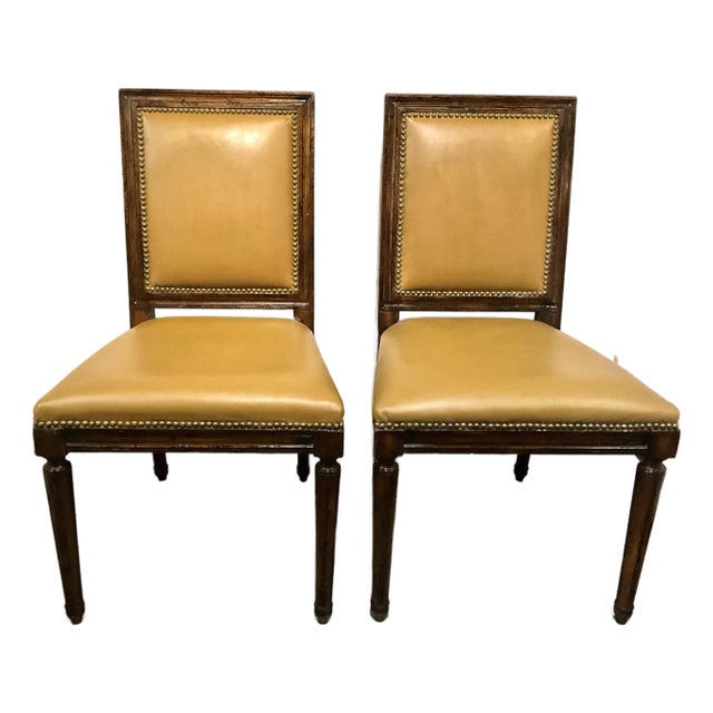 Late 20th Century Ralph Lauren French Louis XVI Painted Accent Chairs Mustard Yellow Leather With Nailhead Trim- Set of 2 For Sale