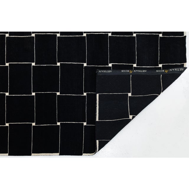 Contemporary Contemporary Graphic Basketweave Black and Cream Wool Rug Modernist Grid 8x10 For Sale - Image 3 of 12