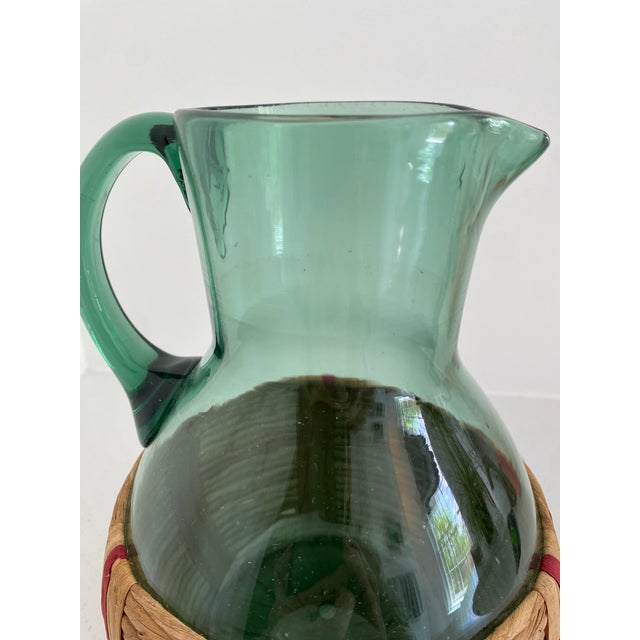 Mid-Century Modern Vintage Green Blown Glass Pitcher With Woven Rattan Wrap For Sale - Image 3 of 6