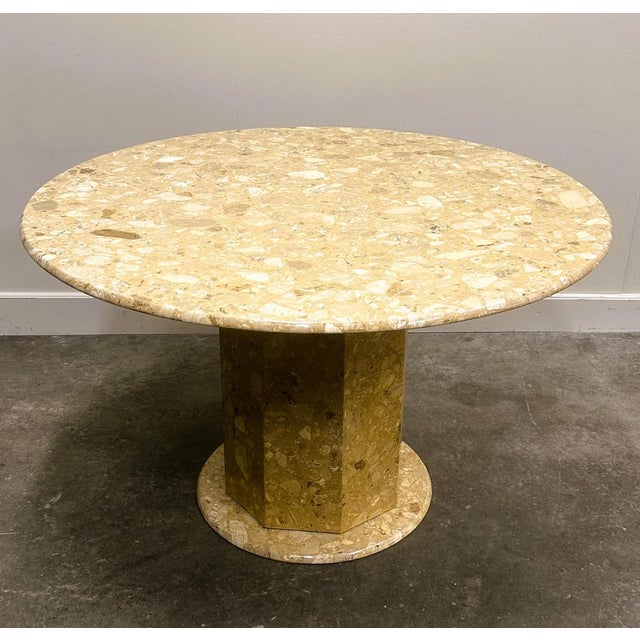 Round Breccia Marble Pedestal Table | 1980s Vintage Stone Dining Table | Postmod For Sale - Image 14 of 14