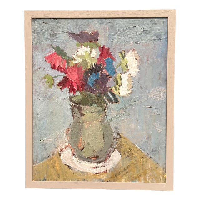 Flowers in Green Vase, 1960s, Oil on Panel, Framed For Sale