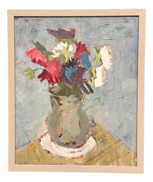Flowers in Green Vase, 1960s, Oil on Panel, Framed