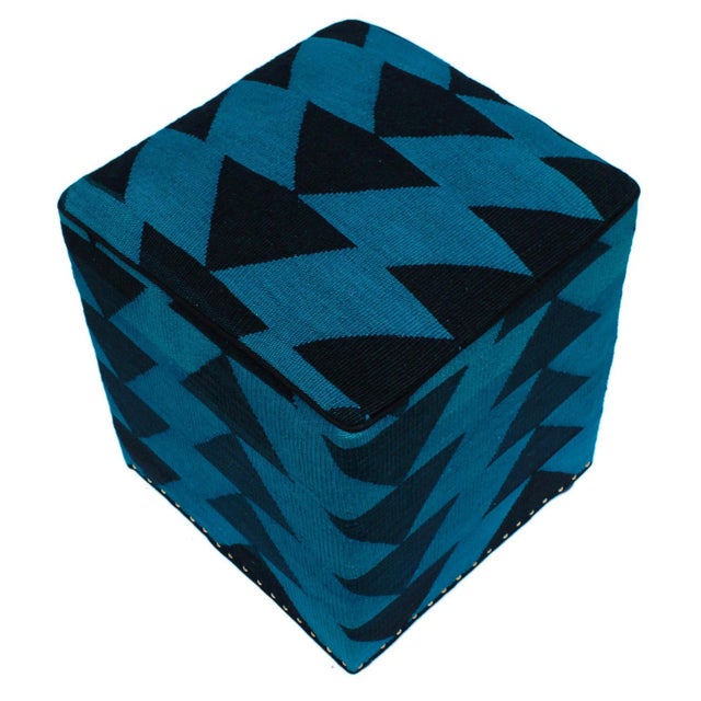 1990s Boho Chic Blue/Black Handmade Kilim Upholstered Ottoman For Sale - Image 5 of 9