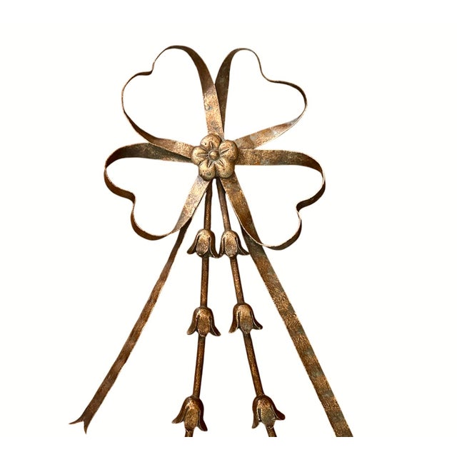 French Vintage Large Gilt Tole French Neoclassical Bow & Ribbon Bellflower Swag Double Candle Sconce / Holder For Sale - Image 3 of 7