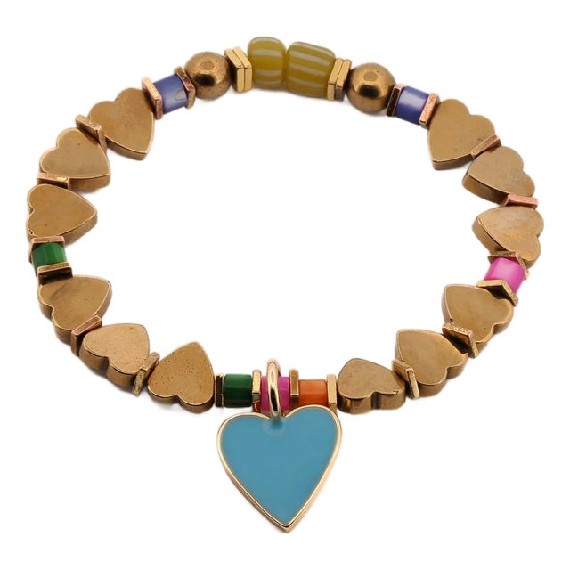 Blue Heart Charm Gold Beaded Bracelet For Sale
