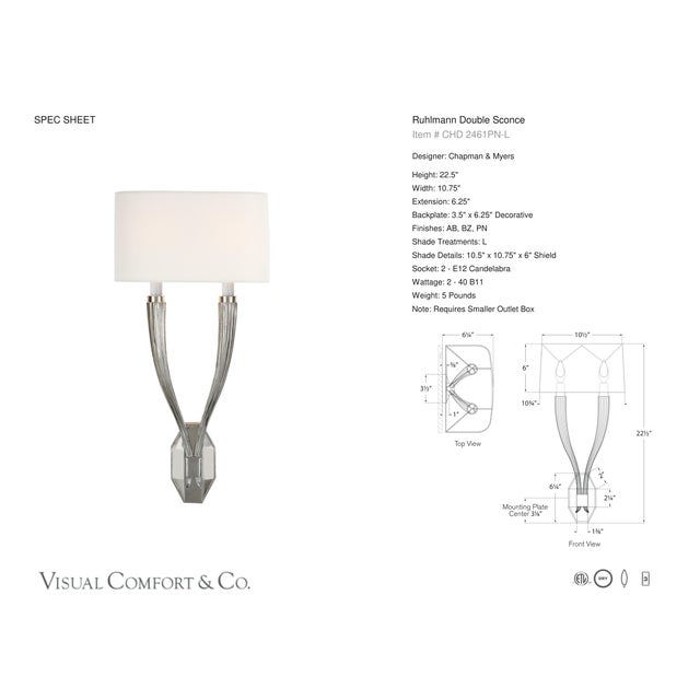 Modern Chapman & Myers for Visual Comfort Signature Ruhlmann Double Sconce in Polished Nickel with Linen Shade For Sale - Image 3 of 5