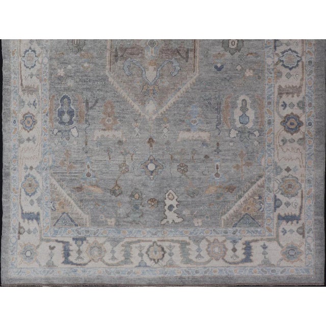Tribal Turkish Modern Oushak Rug in Medallion Design in Gray-Blue and Marigold For Sale - Image 3 of 11
