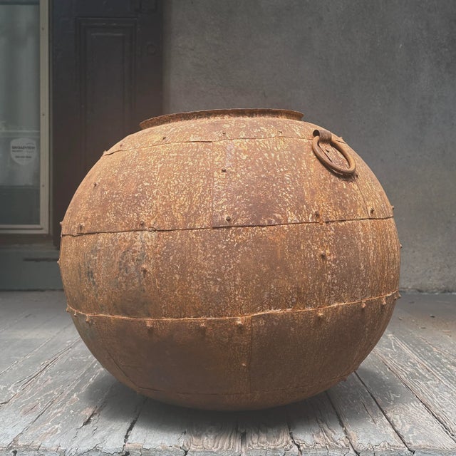 Modern Large Vintage Brutalist Studded Metal Spherical Planters (Pair) For Sale - Image 3 of 12