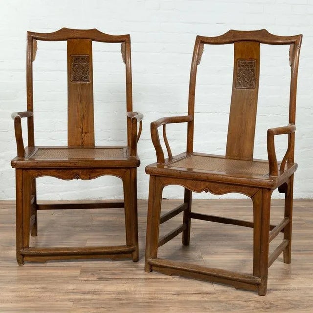 Early 20th Century Early 20th Antique Chinese Scholar's Chairs with Rattan Seat- a Pair For Sale - Image 5 of 13
